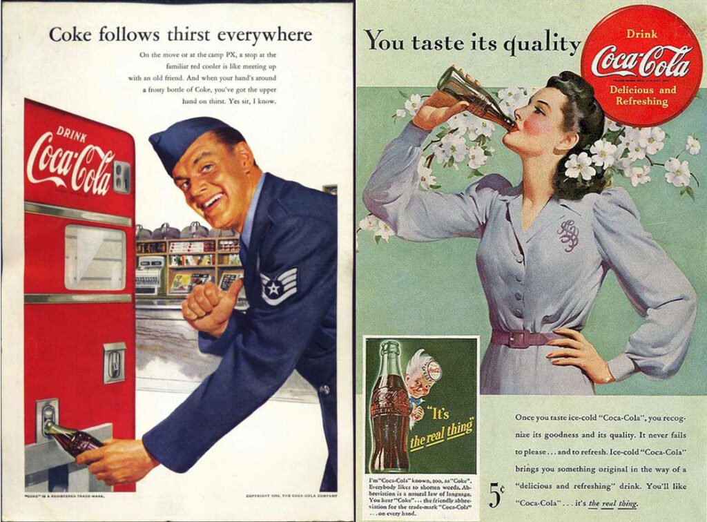 Montagem de dois anúncios vintage da Coca-Cola: um soldado ao lado de uma máquina de vendas vermelha e uma mulher bebendo de uma garrafa de vidro em um cenário floral.