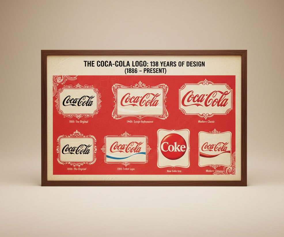 Infográfico emoldurado mostrando a evolução de 138 anos do logotipo da Coca-Cola, desde a escrita cursiva original até as variações modernas e o icônico selo 'Coke'.